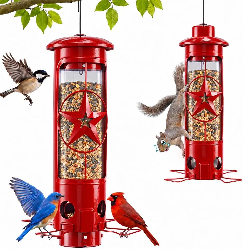 Metal Squirrel Proof Bird Feeders for Outdoors with Weight-Activated Perches,4LB Large Wild Bird Feeders for Cardinals,Blue Jay,Finch, Weatherproof Durable Tube Hanging Bird Feeder for Backyard,Patio
