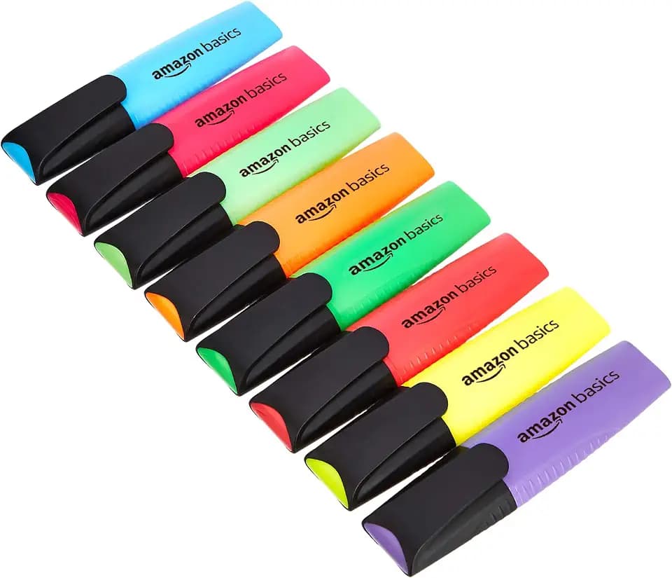 Amazon Basics Textmarker 8er-Set, wischfest, langlebige Meißelspitze, Strichstärke 2–5 mm, Stifte für Erwachsene und Kinder, mehrfarbig