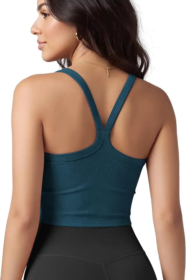 ODODOS Women's Seamless Crop Cami Wide Scoop Neck Ribbed Soft Open Racerback Cropped Tank