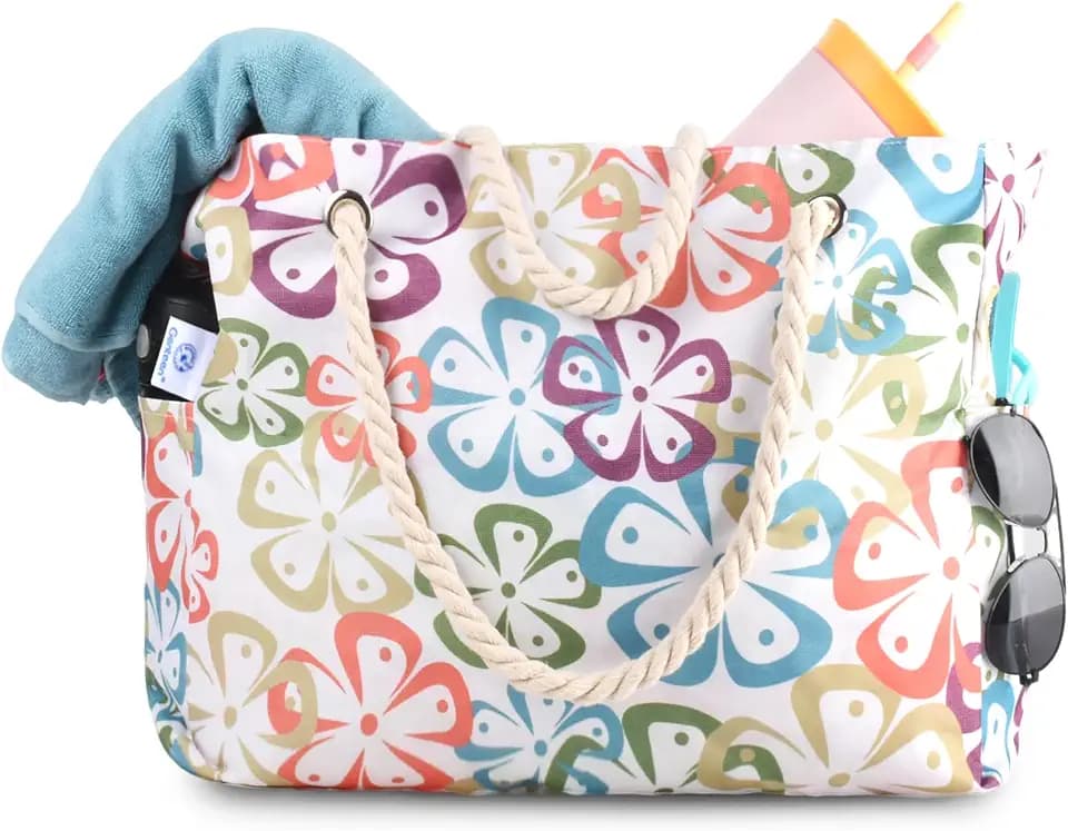 Genteen Beach Bag for Women, Large Waterproof Sandproof Beach Tote with Zipper Pocket, Solid for Travel Pool(FLOWER)