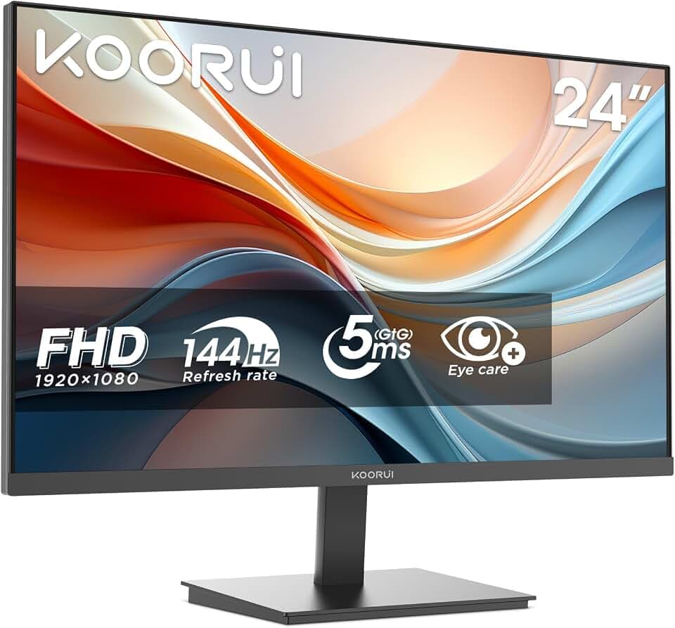 KOORUI Gaming Monitor 24 Zoll VA FHD 144Hz Slim PC Bildschirm E2412K | 24" 1920x1080p Rahmenloser Schirm, 3000:1 Kontrast, Hardware Low-Blue-Light, HDMI 1.4, VGA, Audio-Ausgang, neigbar VESA