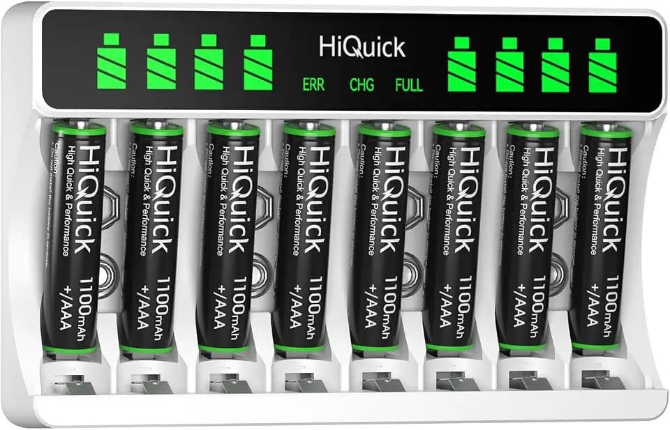 HiQuick Akku Ladegerät mit AAA Akku 8 Stück, für Mignon AA, Micro NI-MH wiederaufladbar Batterien, 8-Ladeplatz mit LCD Anzeige Akkus Ladegerät mit 8 Stück AAA Batterie
