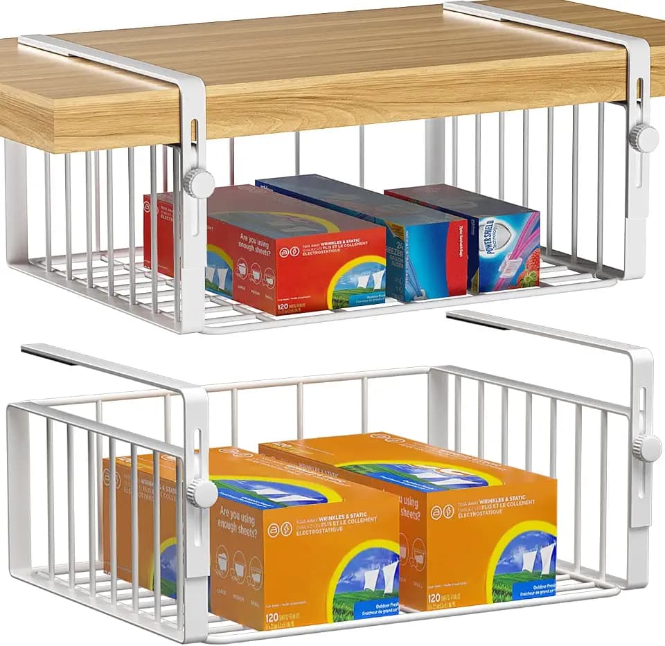 AmonHouseware 2Pack Under Shelf Basket Storage,Adjustable Hanging,White