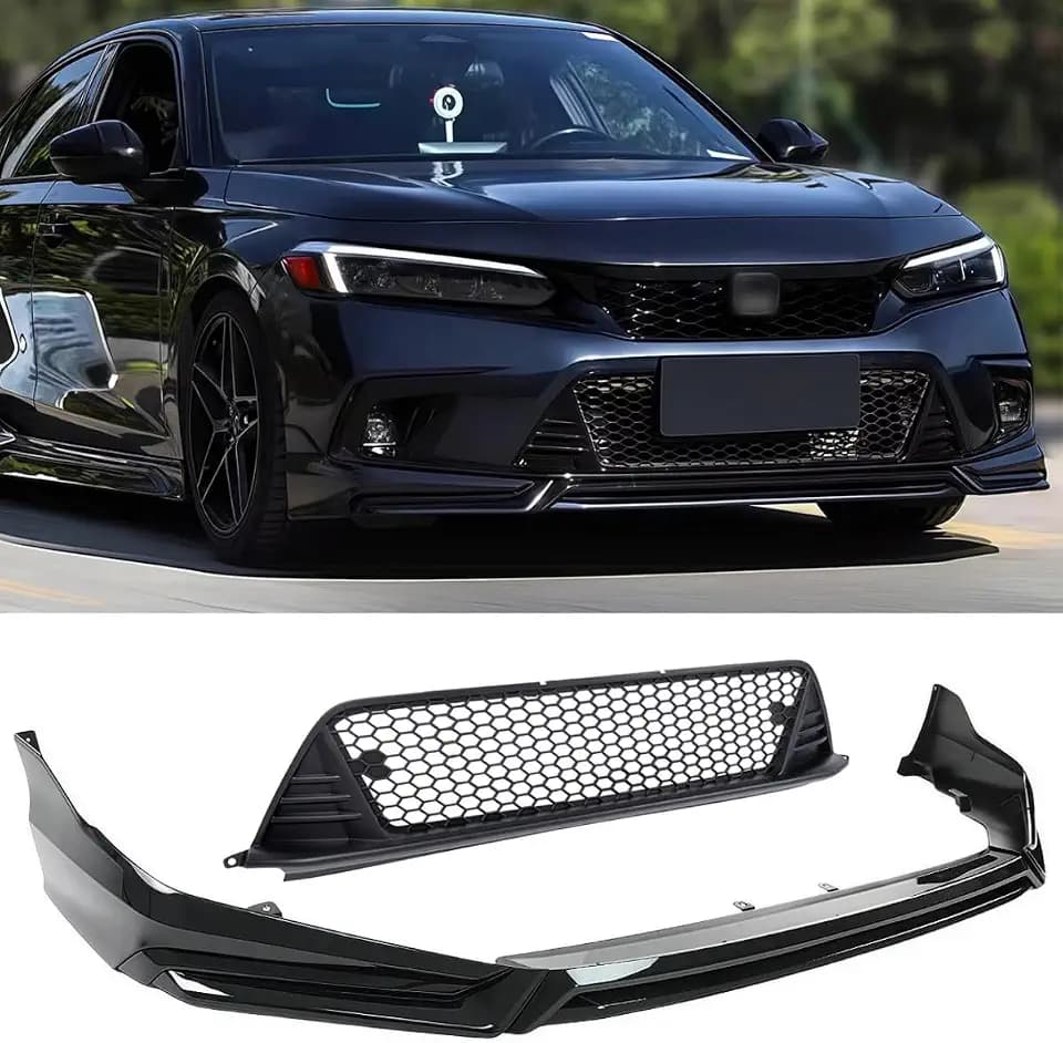 Front Lip & Grille Compatible with 2022-2024 Honda Civic, JDM V3 Style Air Dam Bumper Splitter Protection Body Kit Fits for 4-Door Sedan & Hatchback (Matte Black & Crystal Black Pearl NH731P)