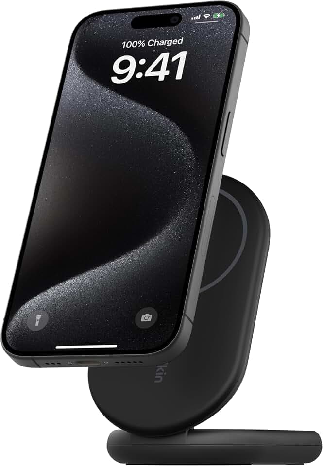 Belkin BoostCharge Magnetisches Einklappbares Kabelloses Ladegerät Qi2, 15 W, MagSafe-Kompatibles Schnellladegerät für iPhone-Serie 17, Air, 16, 15, 14, 13, 12, Pixelsnap und Standy-Modus – Schwarz
