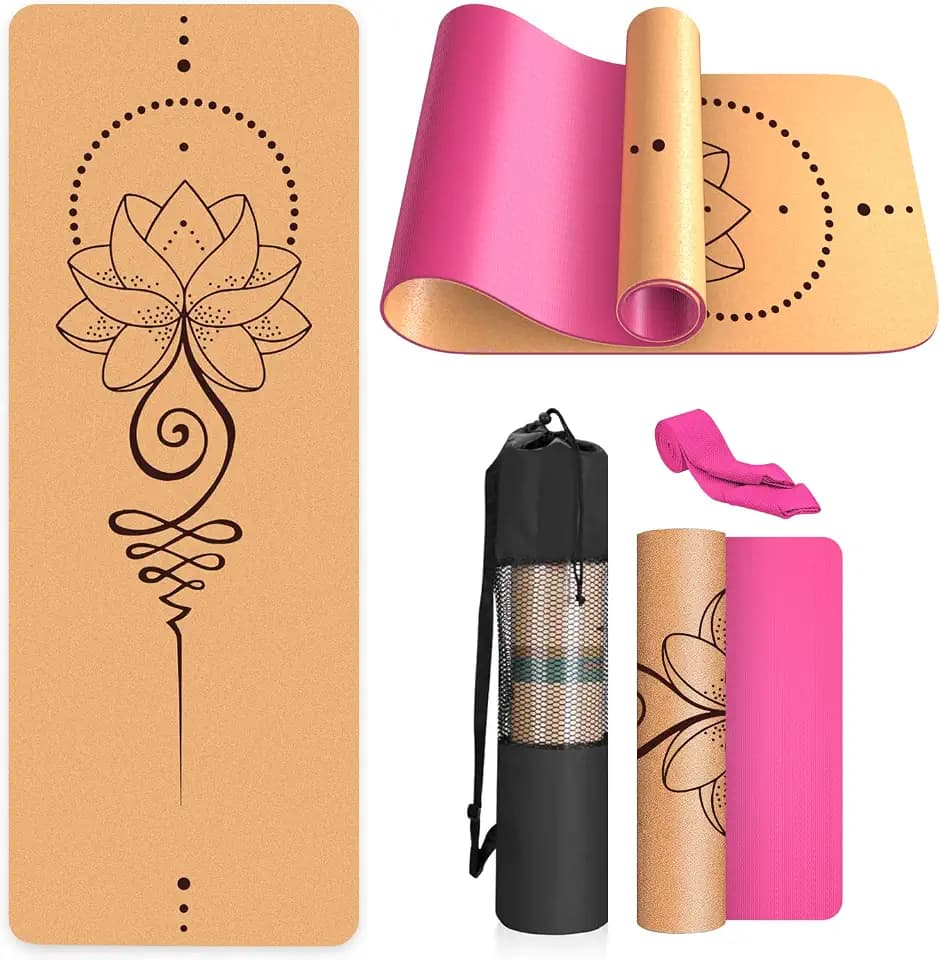 Yogamatte-Kork, Rutschfest, Einzigartiges Design, Extradick Natürlicher Kork, TPE Fitness-Trainingsmatte mit Tragetasche und Gurt, für Zuhause, Pilates, Aerobic Fitnessstudio und Workout