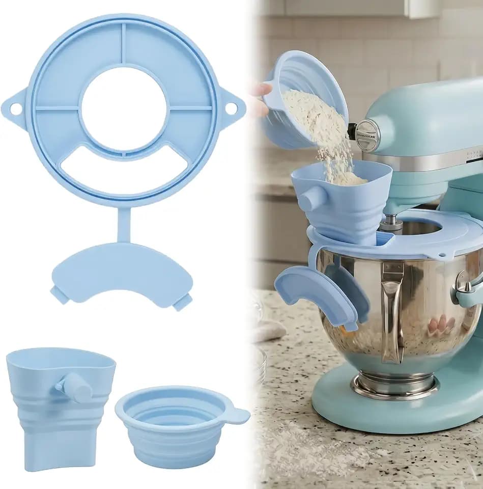 1 Pack Flour Funnel + 1 Pack Bowl Cover for KitchenAid 4.5-5 Qt Stand Mixers, Silicone No-Mess Pouring, Foldable Design, Add Ingredients Without Stopping Mixer, Compatible with KSM150 (Blue)