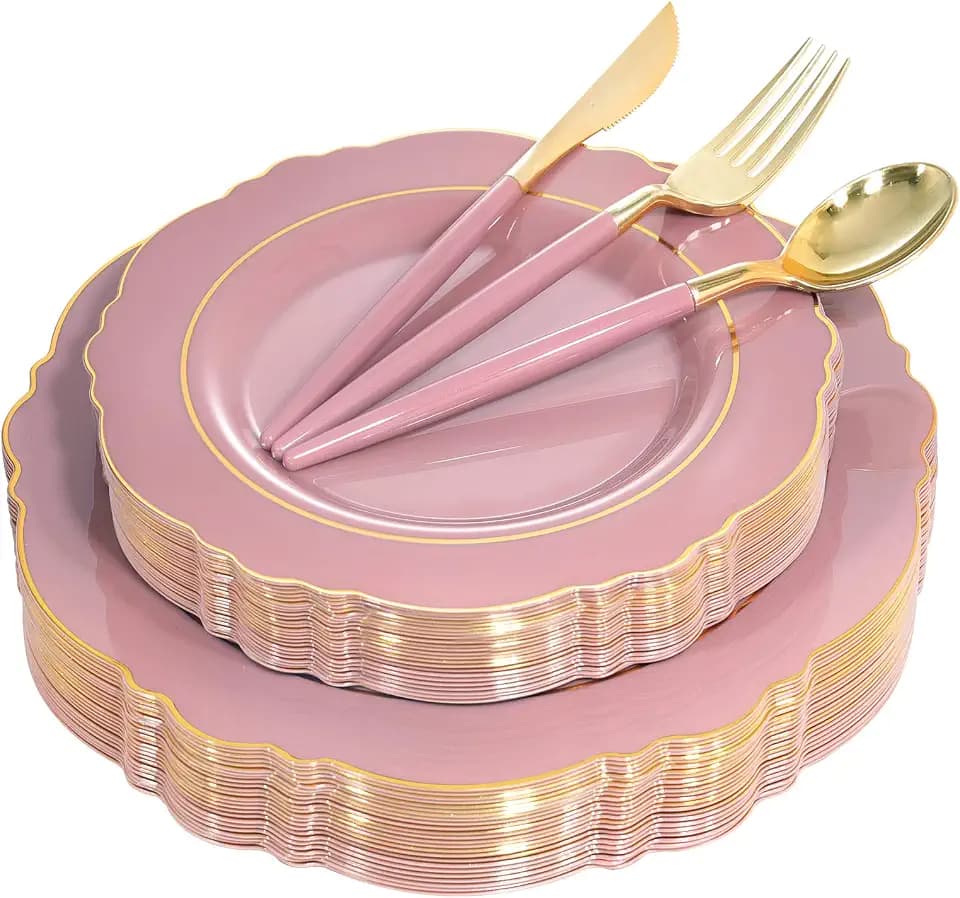 Nervure 100Pcs Mauve Pink Plastic Plates - Mauve Gold Plastic Dinnerware Sets for 20 Guests - 20 Dinner Plates, 20 Dessert Plates, 20 Forks, 20 Knives and 20 Spoons for Wedding & Party & Mother's Day