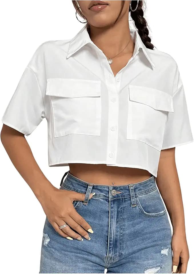 MakeMeChic Women's Cropped Button Up Short Sleeve Collar Shirt Blouse
