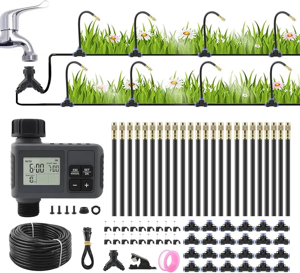100FT Smart Drip Irrigation System with Water Timer – Automatic Garden Watering System with 360° Bendable Hose & 24 Adjustable Nozzles for Garden, Yard, Lawn,Compatible with 3/4" & 1/2" Hose