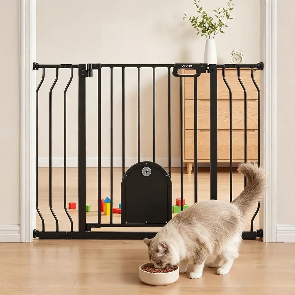 VEVOR Pet Gate for Stairs, 29.5-43 in Adjustable Width, Pet Gate with Adjustable Cat Door, with Pressure Mount Kit and Wall Mount Kit, Secure Metal Pet Door for Stairs, Doorways, and Home, Black