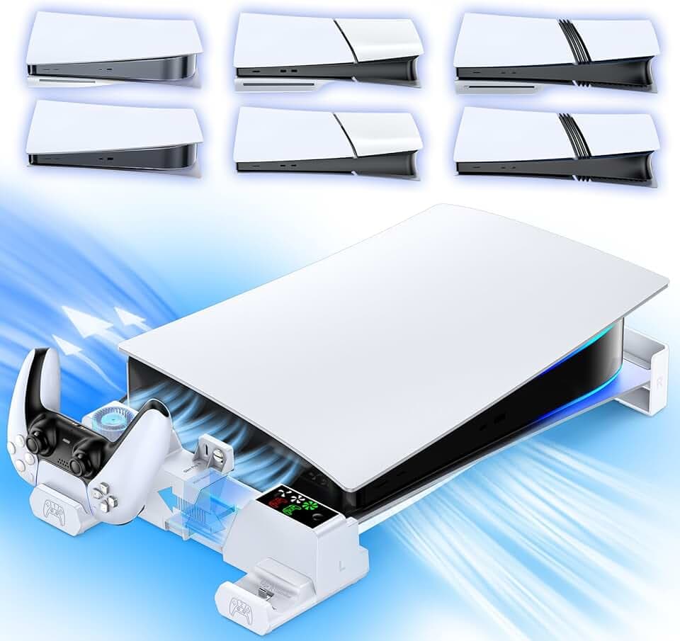 PS5 Horizontaler Ständer kompatibel mit PS5/Slim/Pro, PS5 Lüfter und PS5 Ladestation für Original & Edge Controller, erweiterbar PS5 Horizontal Stand für alle PS5 Disc & Digital, PS5 Zubehör Weiß