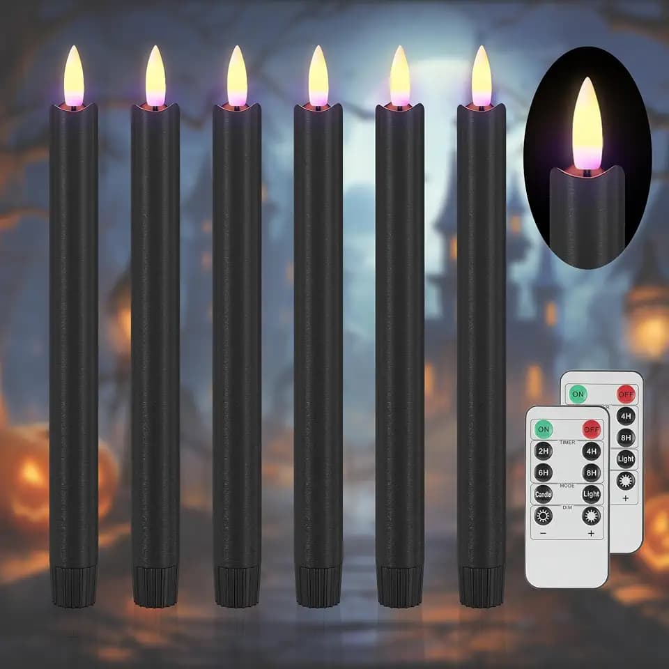 SHENSY Black Flameless Taper Candles with Remote & Timer – 6 Pack 9.64" Battery Operated Real Wax LED Candlesticks, Flickering Halloween Candle Lights for Fireplace, Party, Indoor Decor