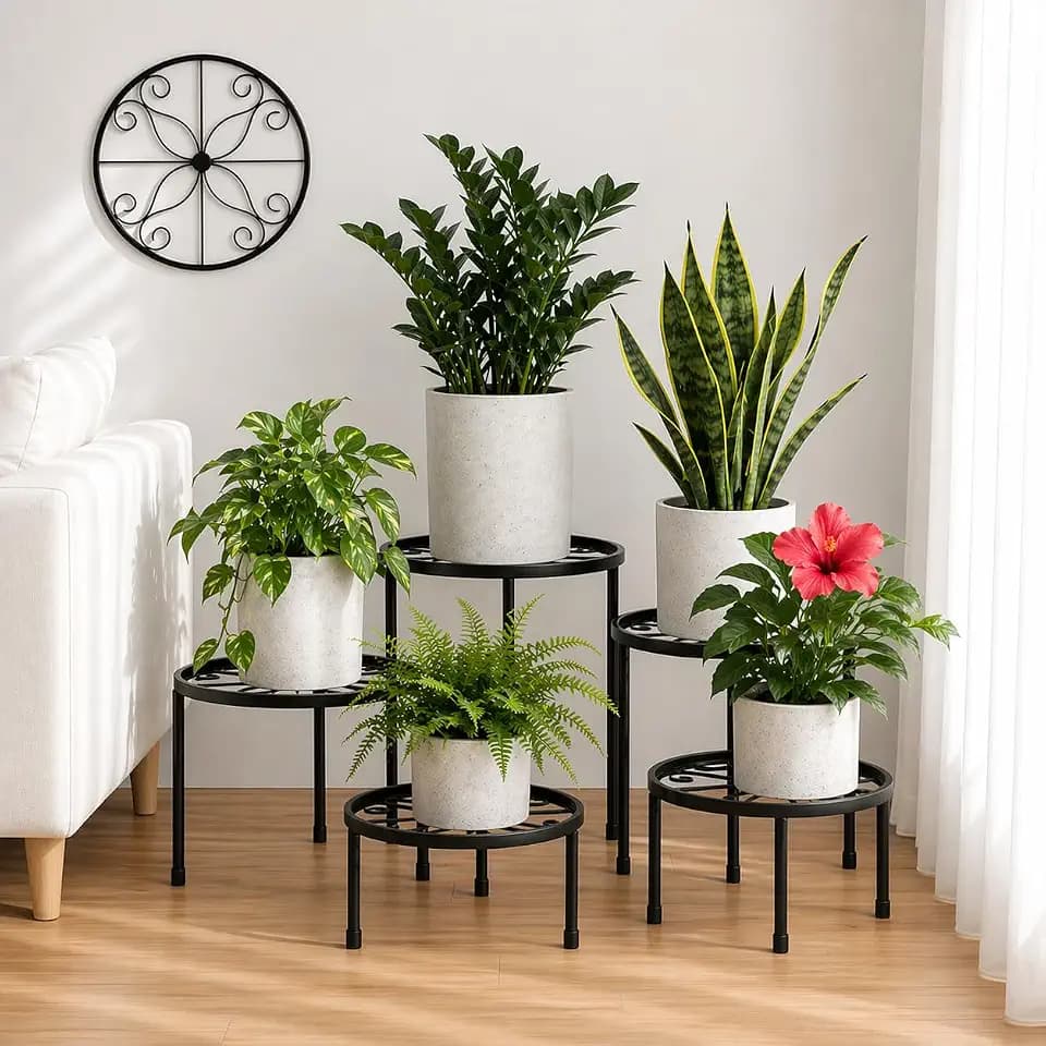 5-Pack Metal Plant Stands, Heavy Duty Indoor Outdoor Plant Stand for Multiple Plants, Black Flower Pot Holders with Different Heights, Rustproof Plant Risers for Pots