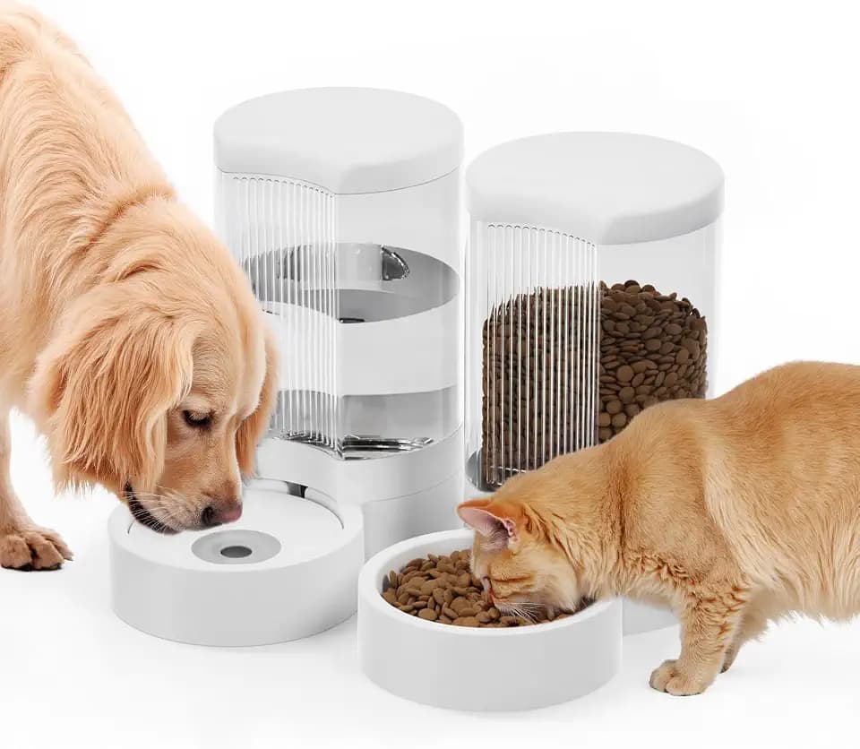 Pet Feeder and Water Dispenser Automatic for Dogs Cats,Waterer and Gravity Food Feeder for Small & Medium Dogs Cats Puppies,6-Pound Food,1-Gallon Water, Easily Clean (White)