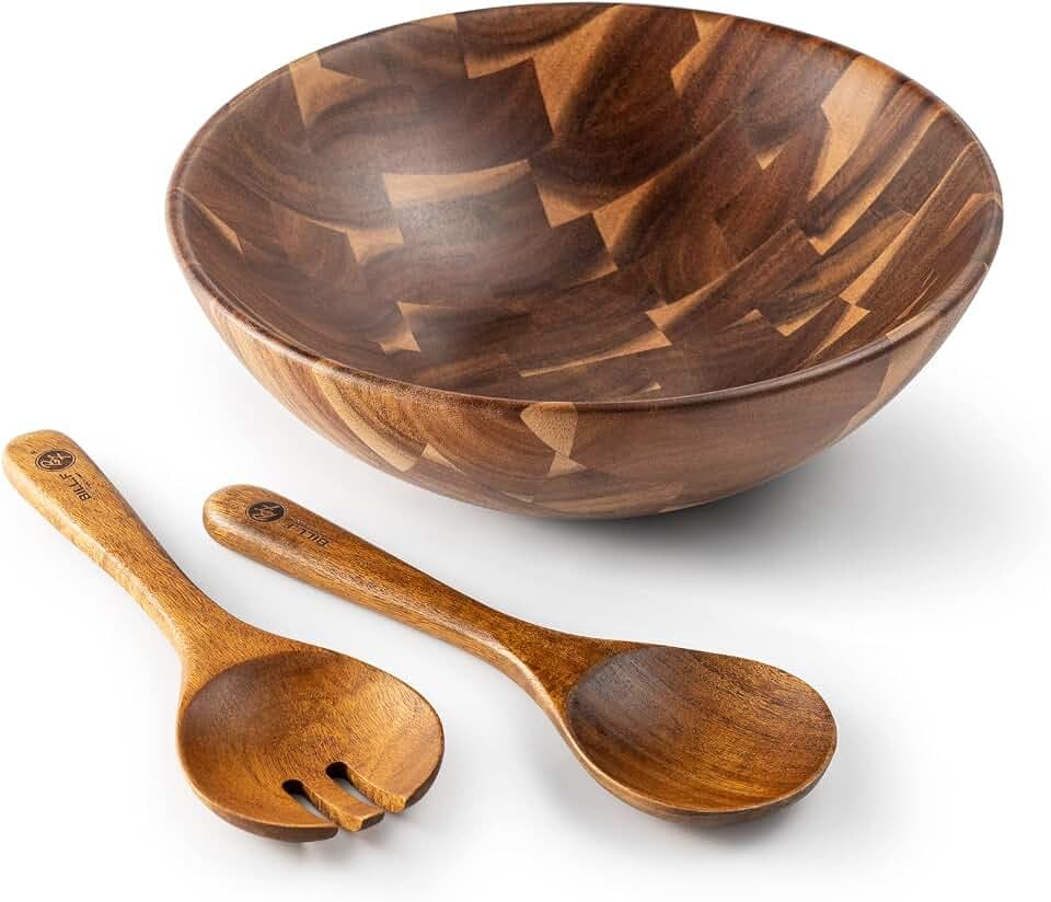 Bill.F Salatschüssel aus Holz, Salatschüssel-Set aus Akazienholz, Große Salat-Rührschüssel mit Servern, 3-teiliges Großes Salatschüssel-Set D30*10cm