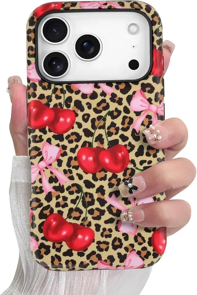 SOKAD Magnetic Cherry Bow Phone Case for iPhone 17 Pro Max, Leopard Print