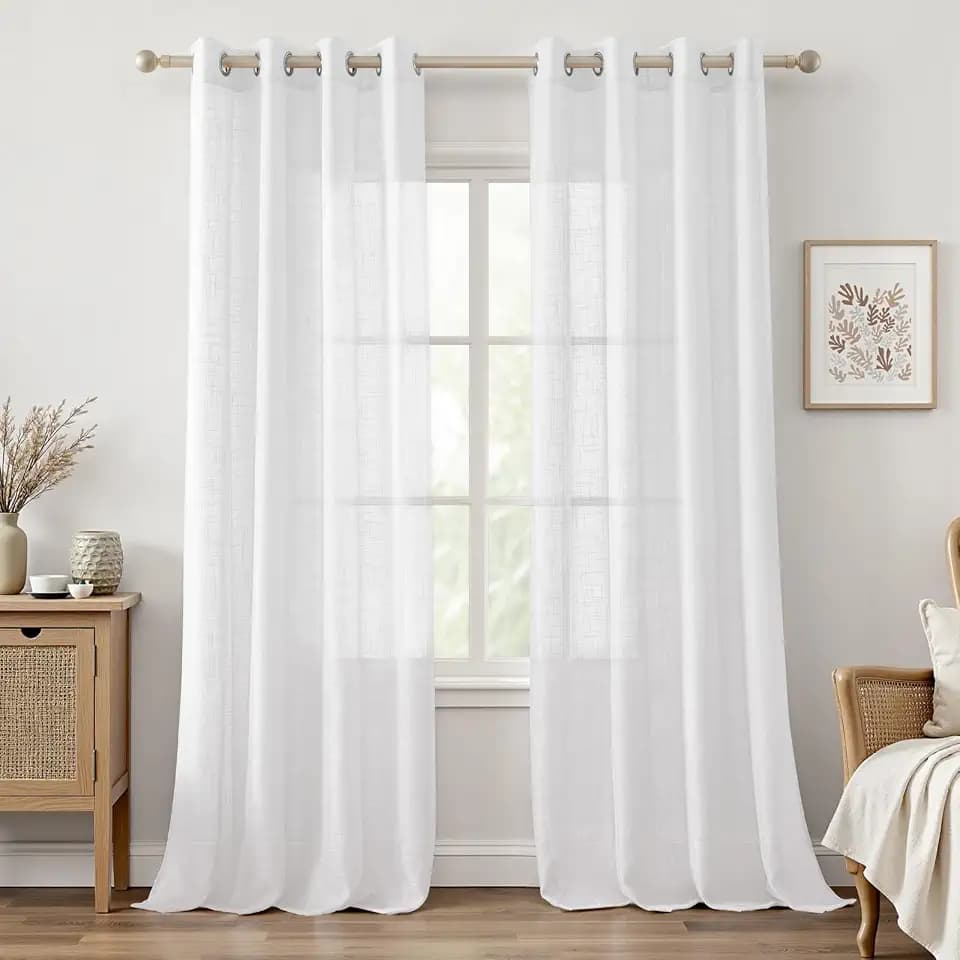 HOMEIDEAS White Sheer Linen Curtains 84 inches Long, 2 Panels Set