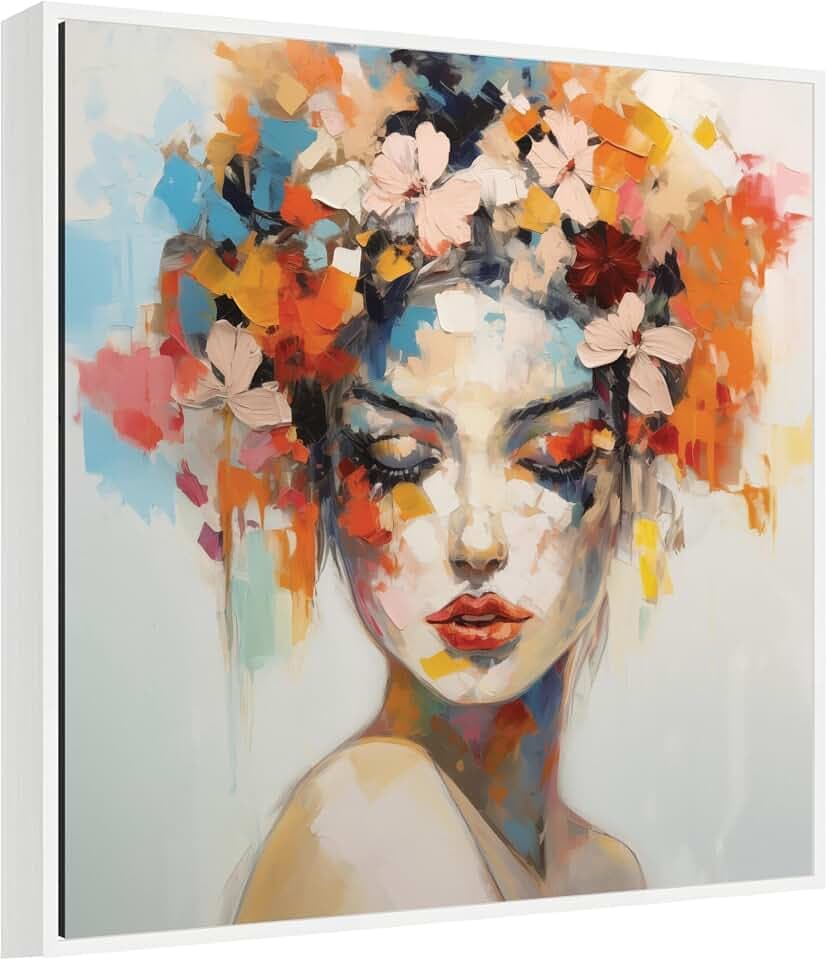 Kate and Laurel Female Figure Colorful Flowers In Hair Framed Canvas Wall Art by The Creative Bunch Studio 30 x 30 Sylvie White, Modern, Abstract, Flowers, People Art for Wall Decor, Living Room,