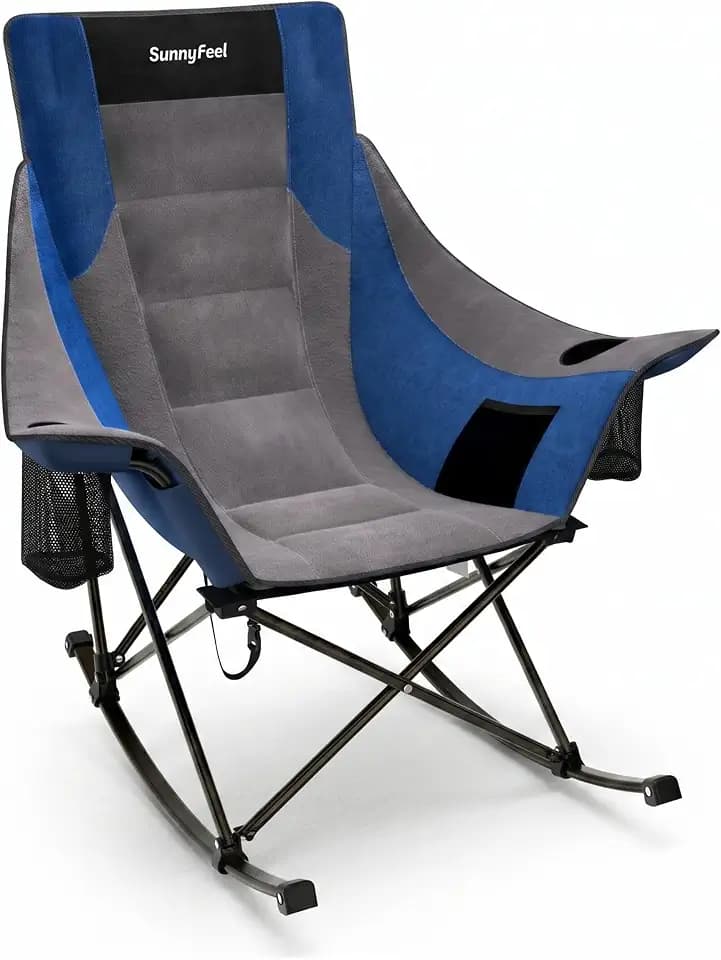 SUNNYFEEL Rocking Camping Chair Fully Padded Patio Folding Chair Portable Oversized Outdoor Rocker High Back Lawn Recliner with Side Pocket Camp Rocker Chairs for Adults Heavy Duty 500 LBS Blue
