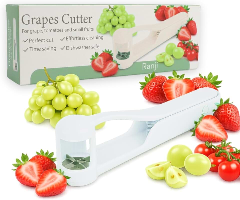 RANJI - Traubenschneider Multifunktion – Trauben & Tomaten Schneider – Erdbeer Schneider – Obstschneider für Kinder – Viertelschneider für Weintrauben & Cocktailtomaten (Weiß)