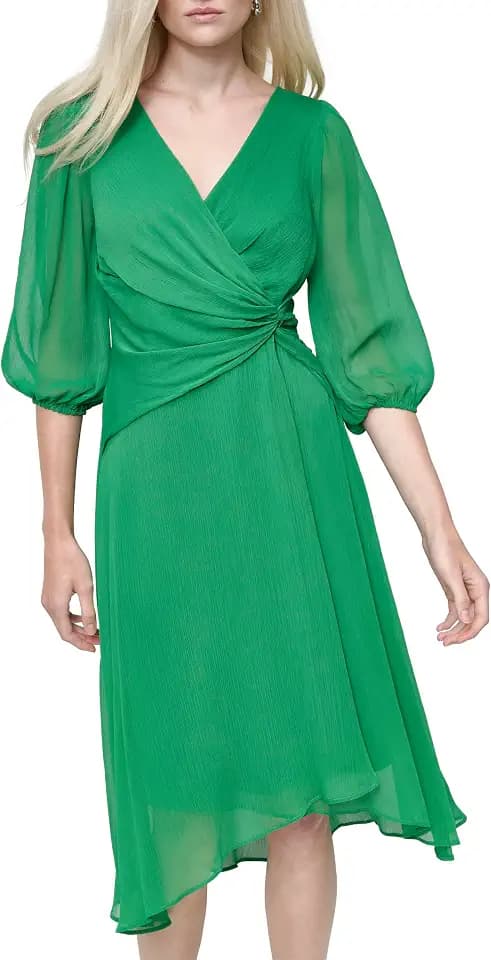 DKNY Women's 3/4 Balloon Sleeve Twist Front Chiffon Midi Dress