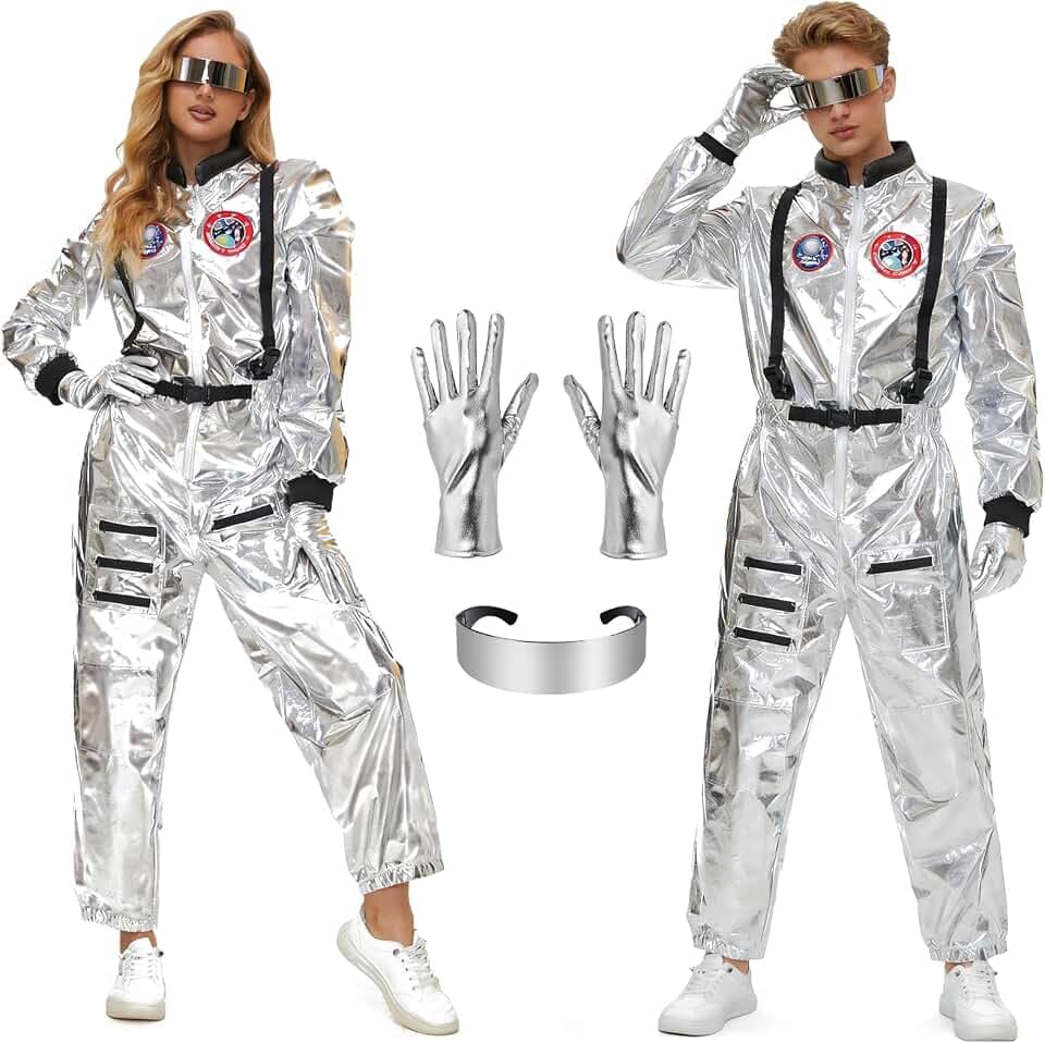 Aragallant Astronaut Kostüm Silber, Spaceman Kostüm Damen Herren, Astronauten Kostüm Overall Erwachsene, Raumfahrer Outfit mit Brillen für Cosplay Party Karneval Fastnacht Kleidung