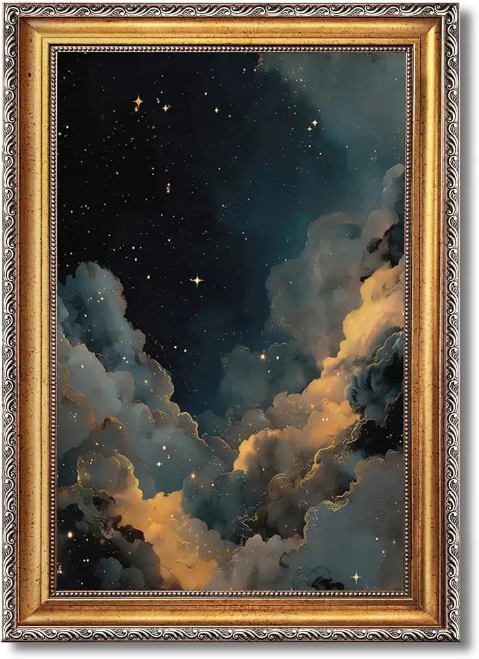 RINMFEO Vintage Dark Celestial Night Sky Canvas Print Retro Gothic Astronomy Wall Art Moody Starry Painting Wall Decor for Bedroom Living Room Office 16x24inch Golden frame