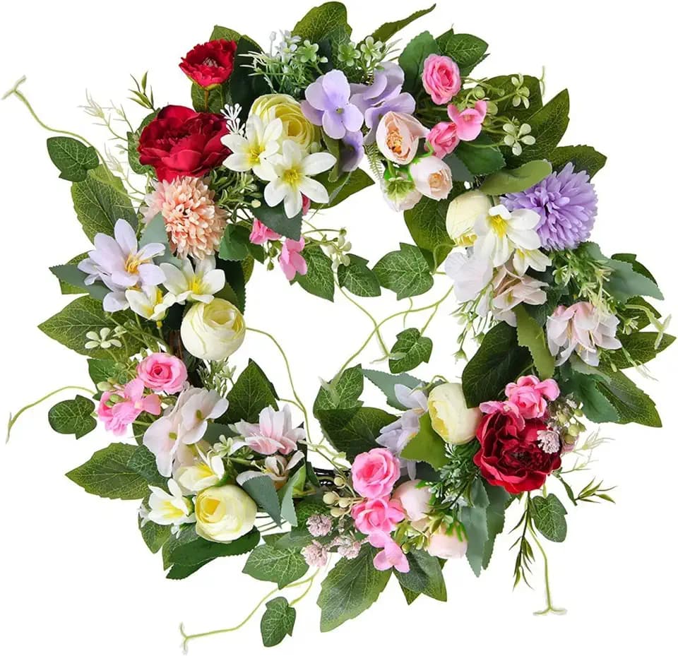 Frühlingskranz für die Haustür, 40 cm Sommerkranz, Großer Künstlicher Türkranz, Frühlings Bunter Blumen Kranz mit Grünen Blättern für Haustür, Außen, Fensterdekoration