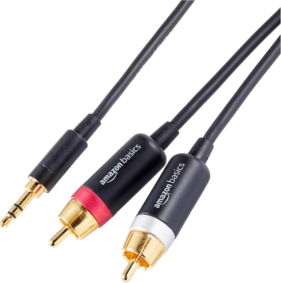 Amazon Basics 3.5 Aux auf 2 RCA Adapter-Audiokabel für Verstärker, aktive Lautsprecher mit vergoldeten Steckern, 1.2 m, Schwarz