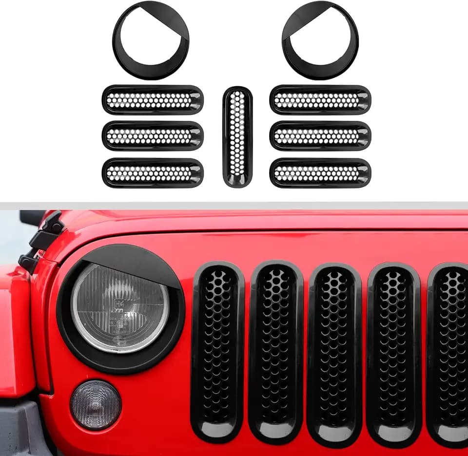 JWWY Front Grille Insert Radiator Grille Grillwork Surround Assembly Inserts Headlight Headlamp Cover Trim Set Fit for 2007-2017 Jeep Wrangler JK JKU Exterior Accessories 9pcs Black