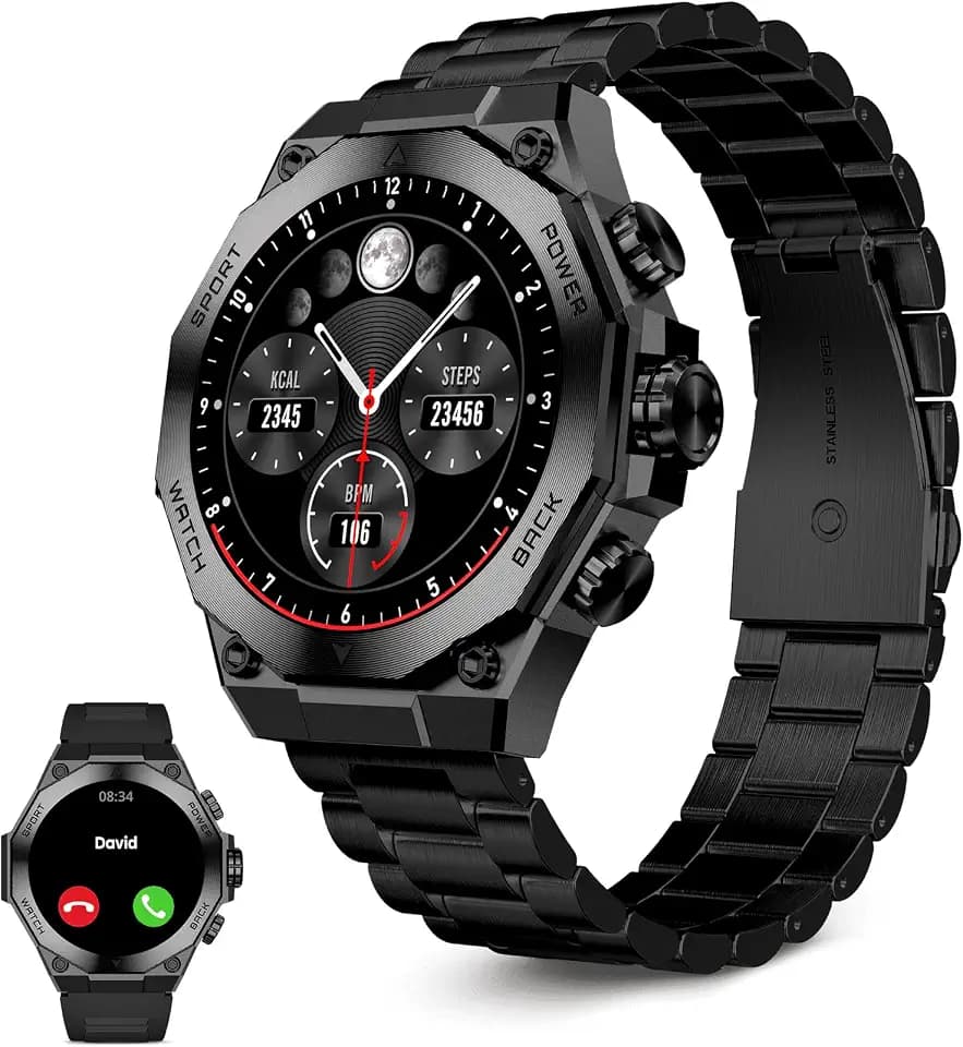 KSIX Titanium Smartwatch für Herren, Sportuhr, Anrufe und Benachrichtigungen, Armband aus Stahl und Silikon, AMOLED-Display, Gesundheits- und Sportmonitor, Sprachassistenten, Autonomie 7 Tage, Schwarz