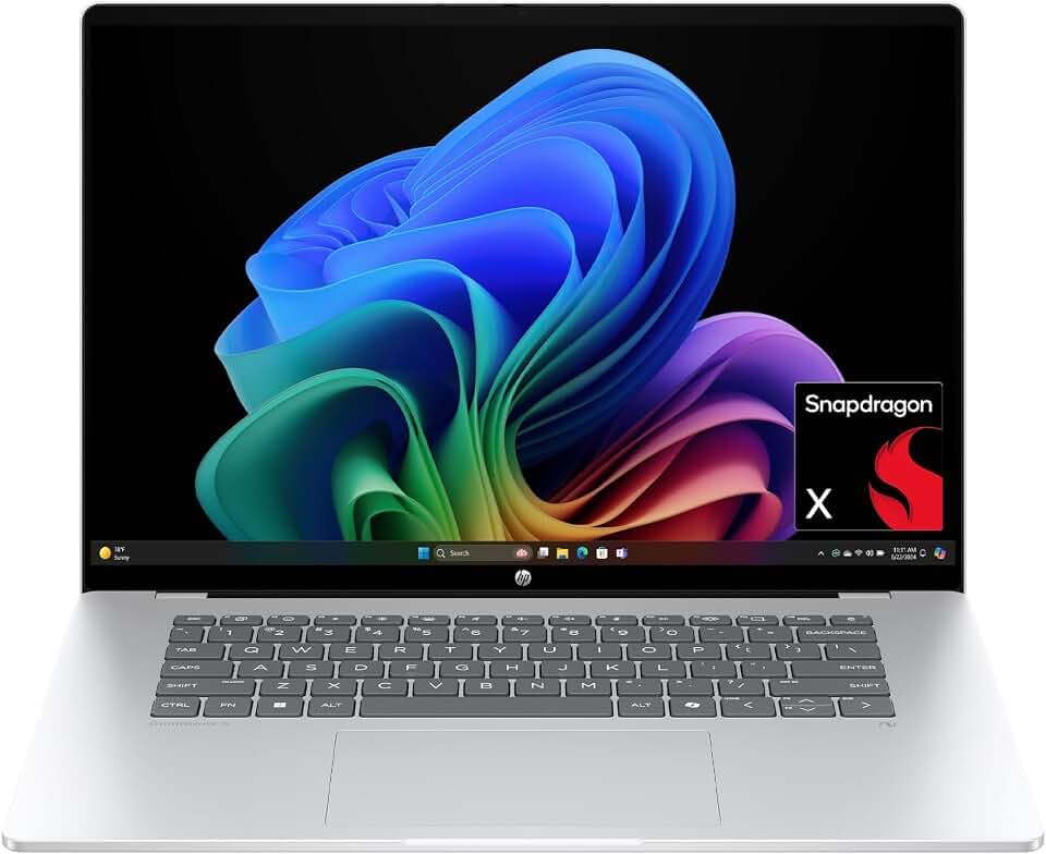 HP OmniBook 5 16 inch Next Gen AI PC, 2K Display, Snapdragon X X1-26-100, 16 GB RAM, 512 GB SSD, Qualcomm Adreno GPU, Windows 11 Home, Glacier Silver, 16-fb0299nr