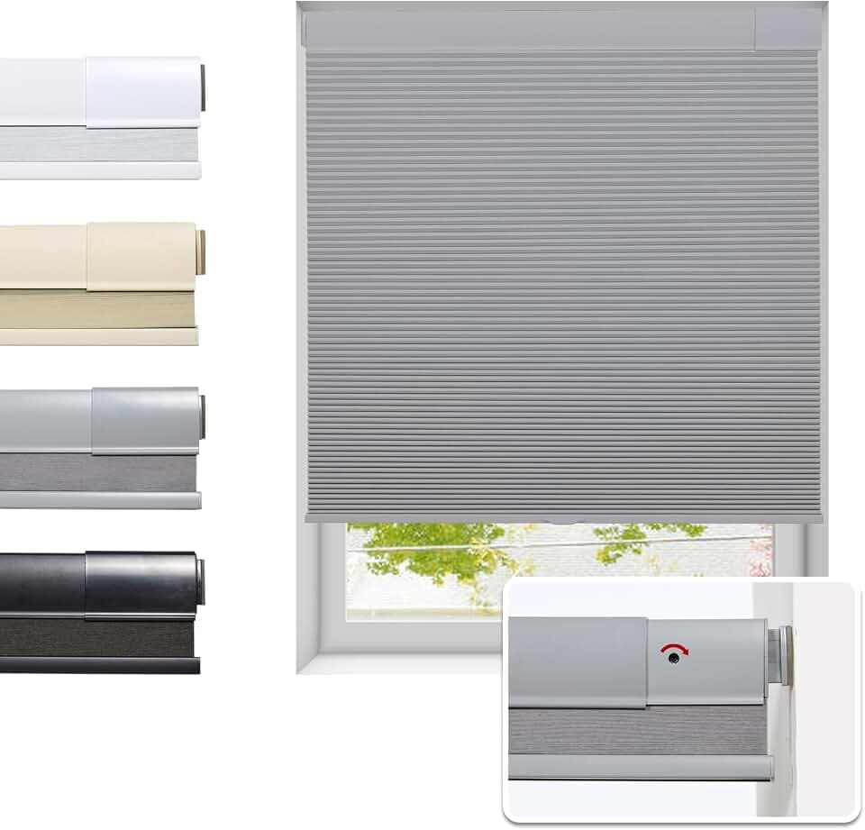 Tonature No Drill Cellular Shades for Indoor Windows, Thermal Insulating & Noise Reducing Honeycomb Blinds, Free Stop Cordless Blackout Shades, Grey, 28" W x 64" H