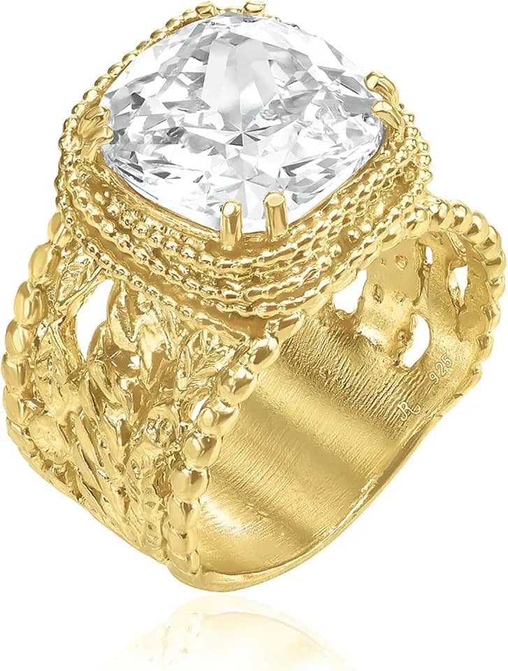 JEAN RACHEL JEWELRY 925 Sterling Silver & 14K Gold Plated Silver Ring - Granule Braid Leaf with Cubic Zirconia Vintage Design - Hypoallergenic, Lead & Nickel Free Handcrafted Statement Rings for Women