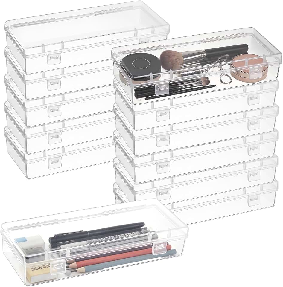 12 Stück Kleine Aufbewahrungsboxen, Transparent Klein Plastikboxen 15.5x9.2x3 Stapelbar Aufbewahrungsbehälter aus Kunststoff für Bastelbedarf Büro Fotos