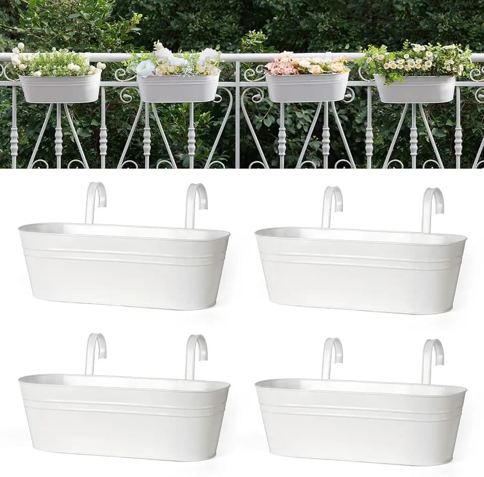 Dahey 15 Inches Railing Planter Box 4 Pcs Metal Hanging Flower Pots, White
