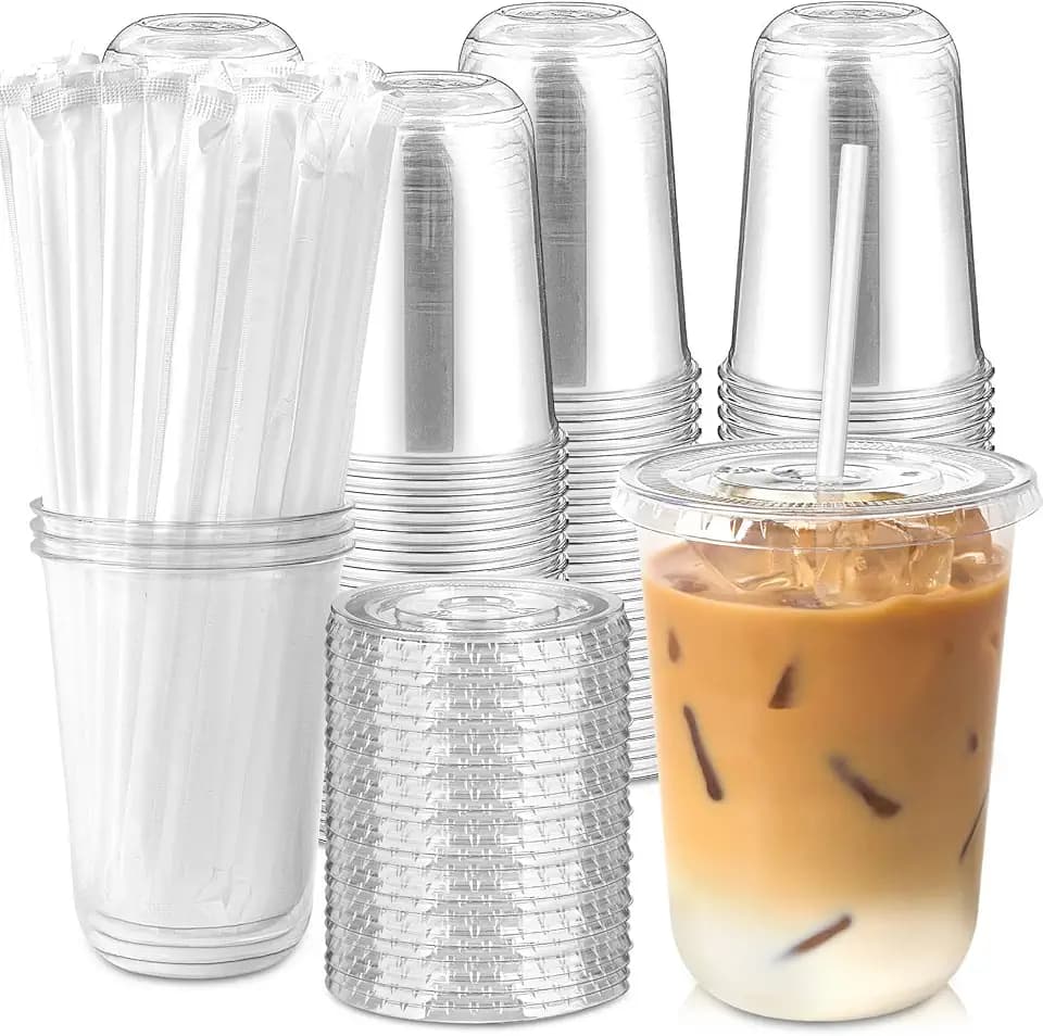 100 Pack 16 oz Plastic Coffee Cups with Lids and Straws