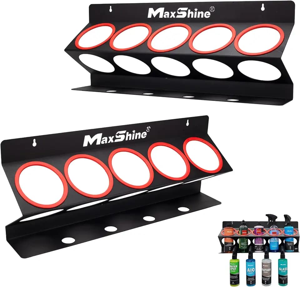 Maxshine Universal Detailing Spray Bottle Holder 2-Pack – Wall-Mounted Metal Organizer Holds 5 x 32oz Bottles with 4 Hanging Slots – Garage, Shop & Mobile Car Detailing Storage Rack (Brand Logo)