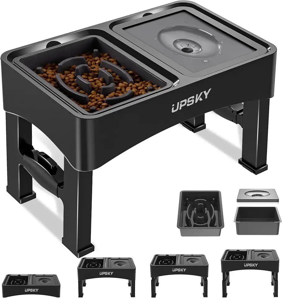 UPSKY 2-in-1 erhöhte Hundenäpfe für langsames Fressen, 4 höhenverstellbare erhöhte Hundenapfständer, kein Verschütten, Wassernapfspender, Rutschfester Hundefutter- und Wassernapf für kleine,