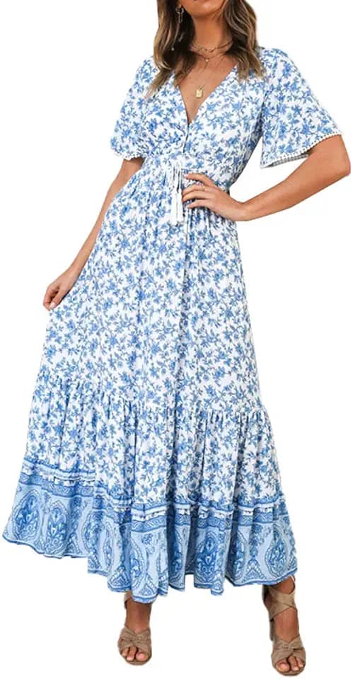 R.Vivimos Womens Summer V Neck Floral Print Boho Midi Dress