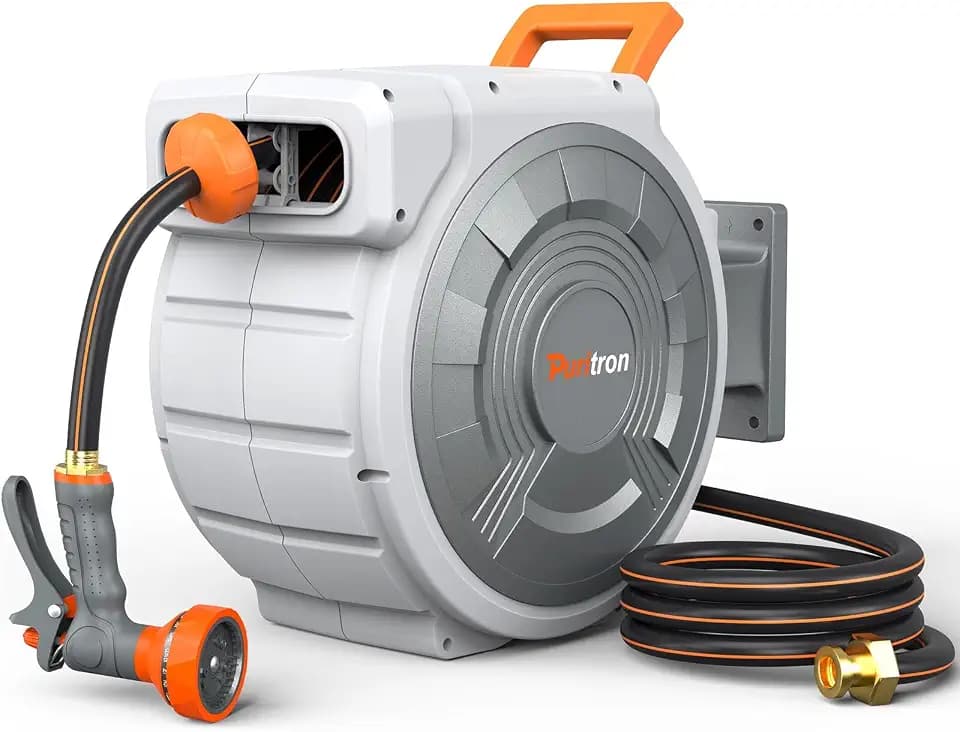 Retractable Garden Hose Reel 85 ft x 1/2 inch, Heavy Duty Automatic Garden Hose Reels, High-Flow, Any Length Lock, 180° Swivel Bracket, Brass Fitting, Wall Mount Water Hose Reel for Outside