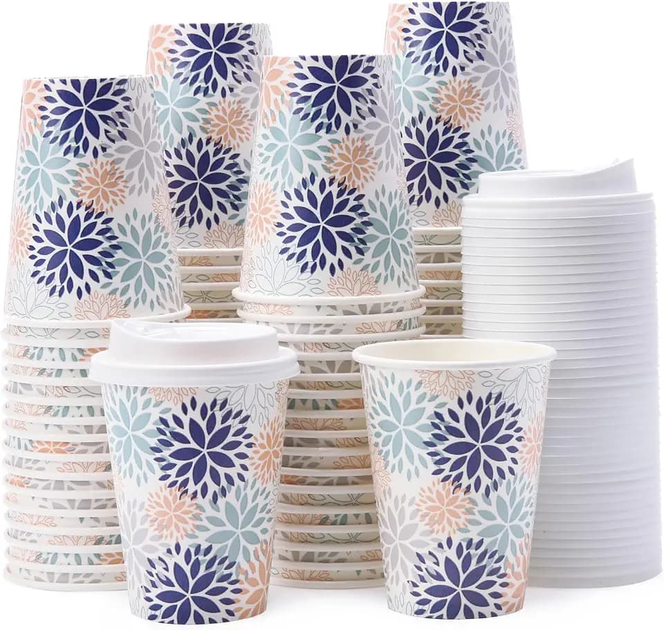 Tamone 100 PACK 12OZ Disposable Coffee Cups with Lids, To Go Coffee Cups with Lids Leak Proof, White and Blue Paper Cups Flower Design for Cold/Hot Coffee Beverage Chocolate Cocoa for Home Office