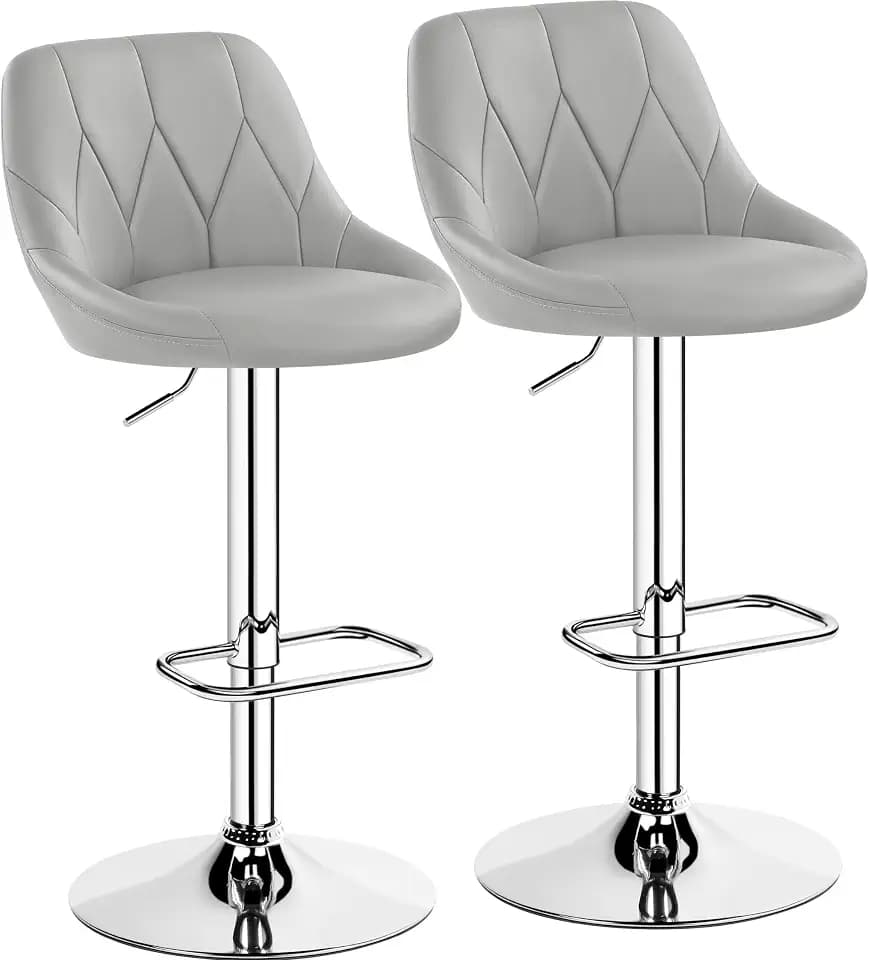 Yaheetech Set mit 2 Barhockern, hoch, höhenverstellbar, modernes Design, mit drehbarer Rückenlehne, gepolstert, aus Kunstleder, Fußstütze aus Metall, hellgrau