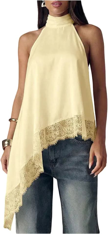 Milumia Women's Halter Neck Top Lace Asymmetrical Hem Going Out Tank Tops