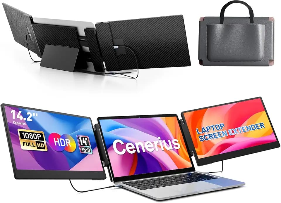 Cenerius 14.2" Laptop Screen Extender, FHD 1080P IPS Portable Monitor for Laptop, Triple Screen Monitor Extender, Compatible with 13"-17" Laptops, HDMI/USB-A/C Plug&Play for Windows, Mac, Android