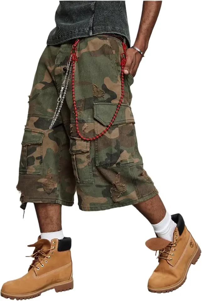 FCOOLYEET Camo Jean Shorts Y2k Baggy Jorts Grunge Below Knee Denim Cargo Shorts for Men