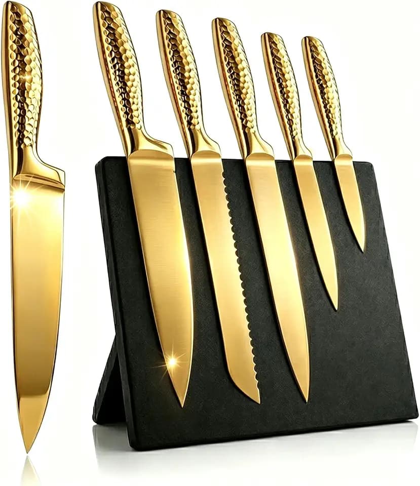 6Pcs Luxury Gold Chef Knife Set with Magnetic Wooden Block,Gift Ready