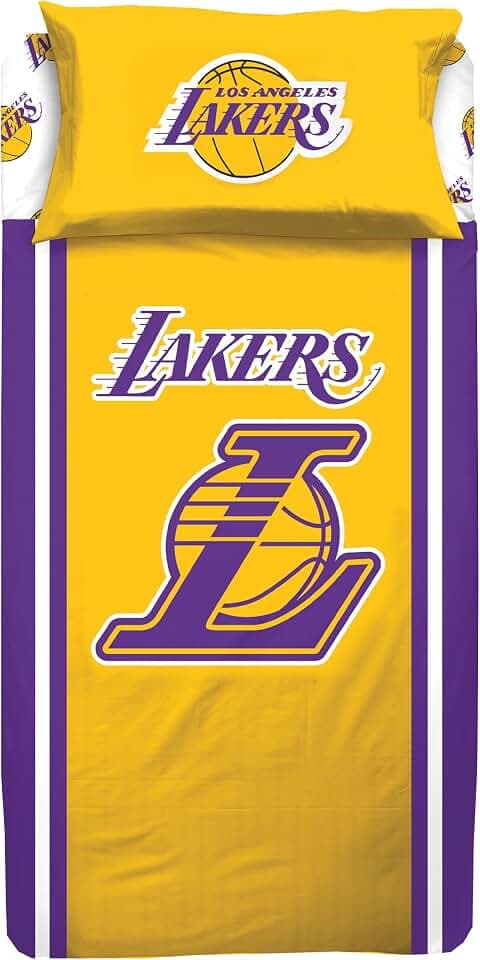 hermet NBA, Bettwäsche-Set für Einzelbett, Einzelbett, Bettlaken, Spannbettlaken, Kissenbezug, 100% Baumwolle, Lakers, offizielles Produkt