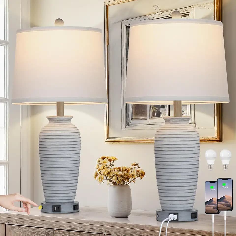 CINSARY 25" Farmhouse Jar Table Lamps Set of 2, 3 Way Touch Control Rustic Bedside Lamps with USB A+C Ports & AC Outlet, Pot Nightstand Lamps for Bedroom Living Room (LED Bulbs Included)